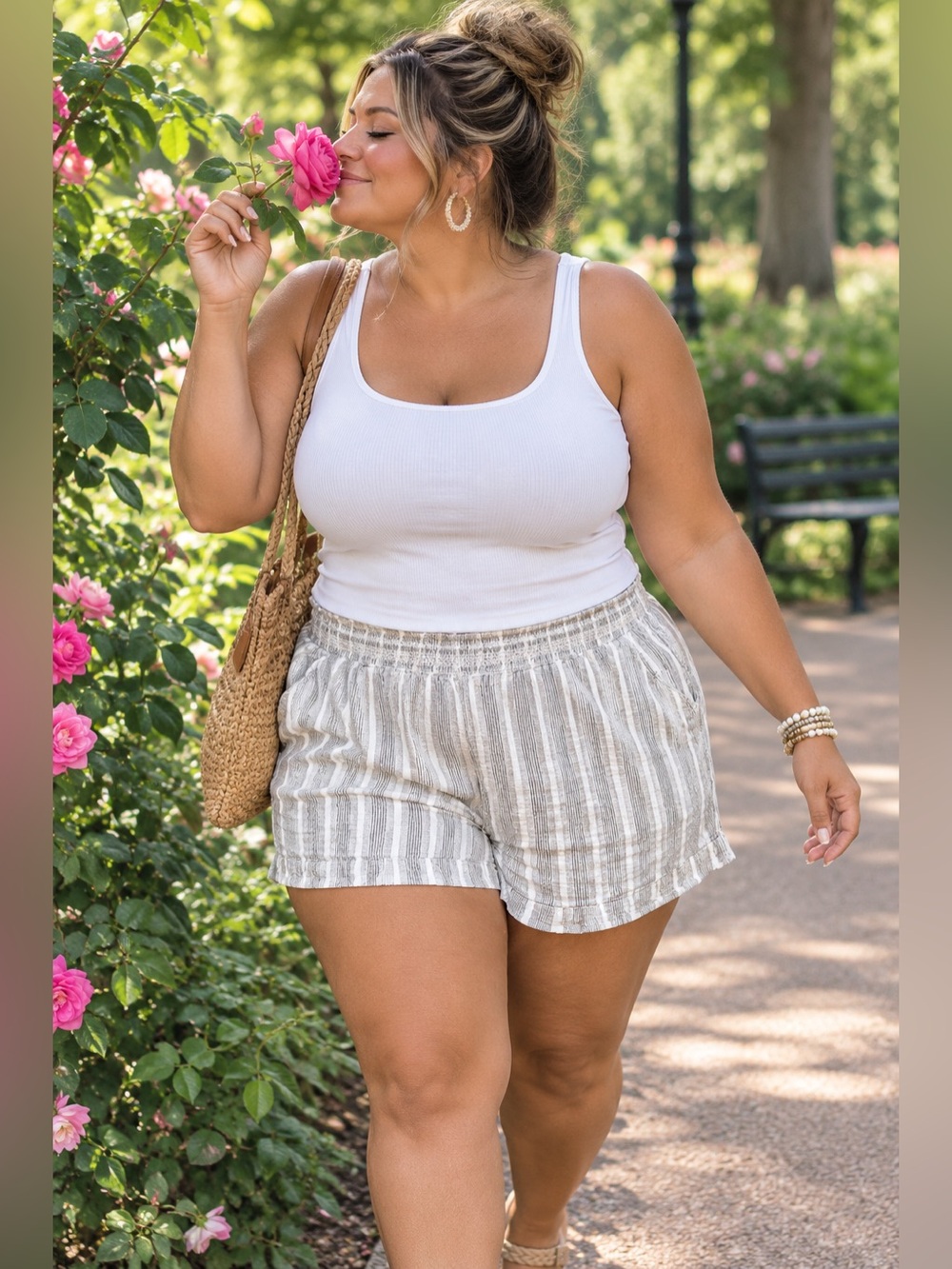 Linen Blend Gray Striped Women’s Lounge Shorts